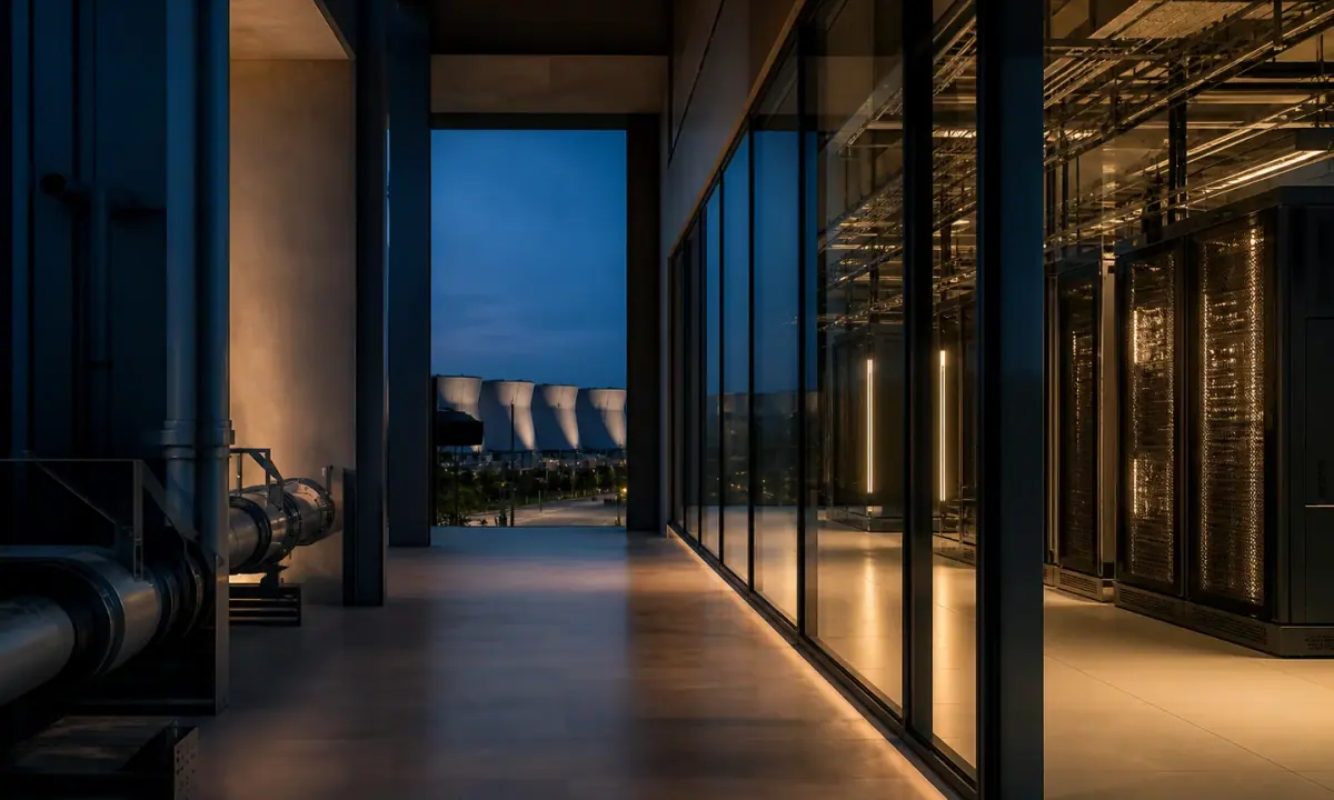 Illustrative view of a contemporary digital-infrastructure interior at blue hour, with cooling equipment and server capacity behind glass