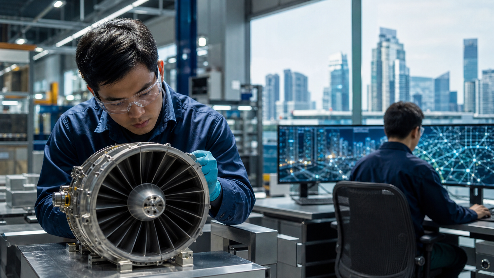 Singapore engineers inspect an aerospace component beside digital infrastructure monitoring screens.