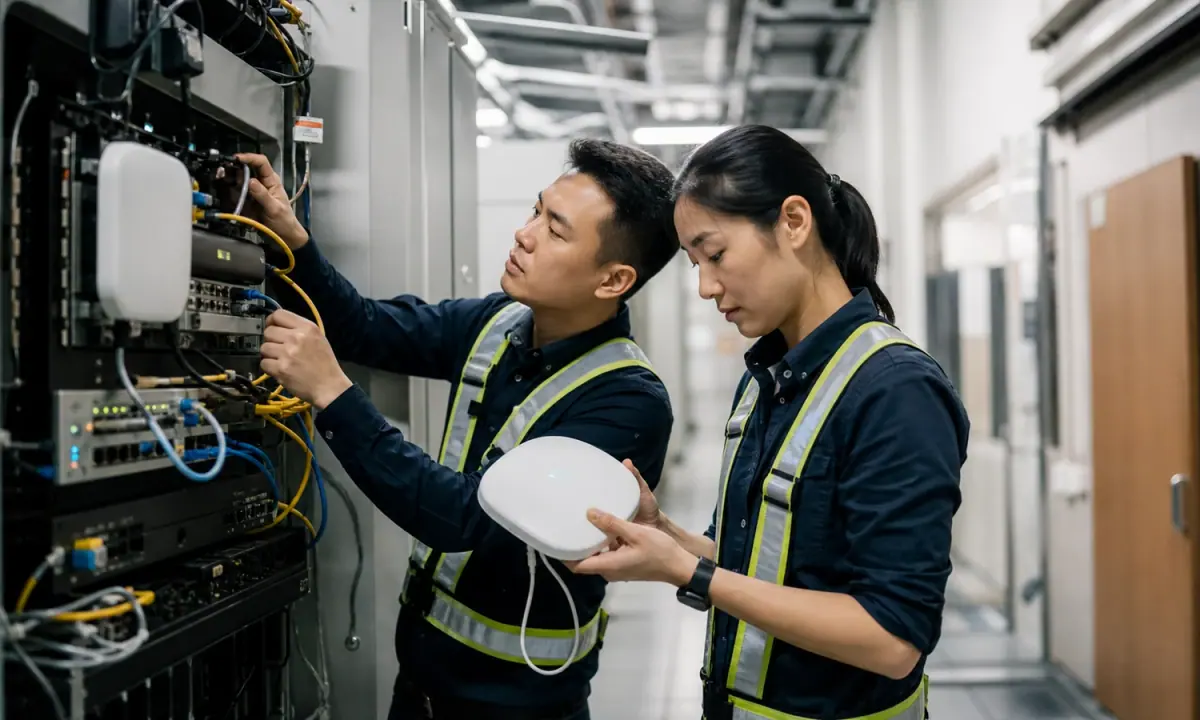 Network engineers inspect enterprise connectivity equipment in an operations corridor.