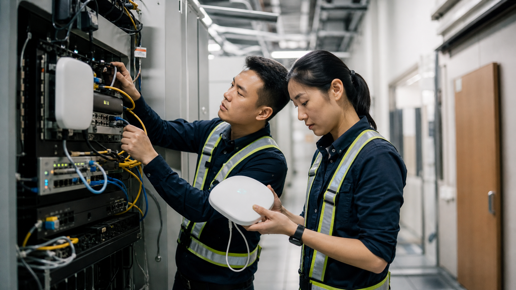 Network engineers inspect enterprise connectivity equipment in an operations corridor.