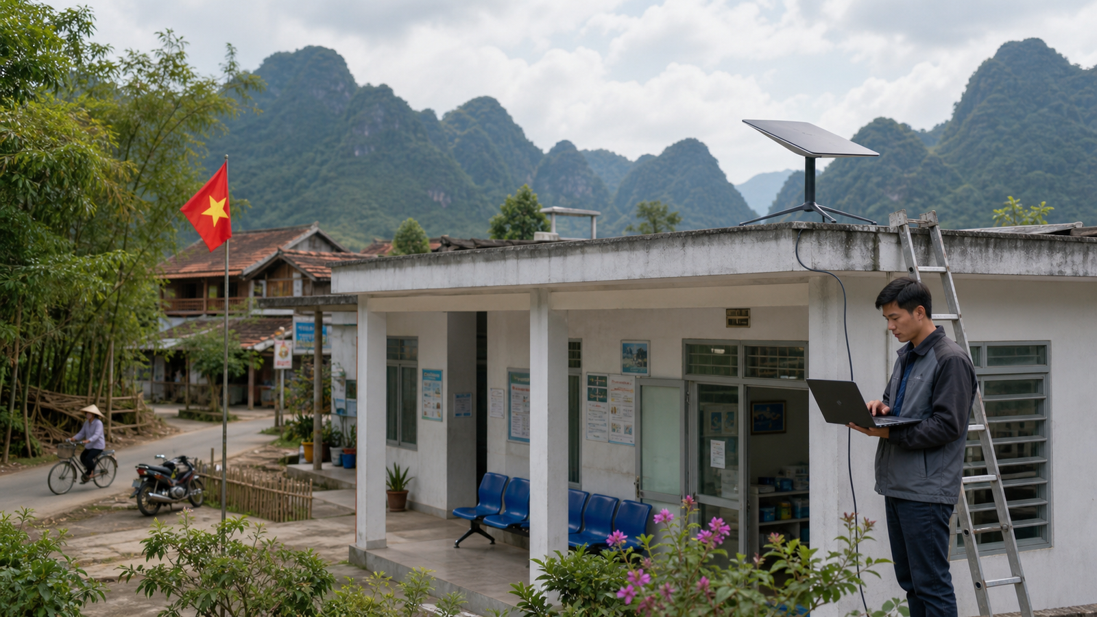 A rural Vietnamese clinic uses a rooftop satellite terminal while a technician checks the connection.