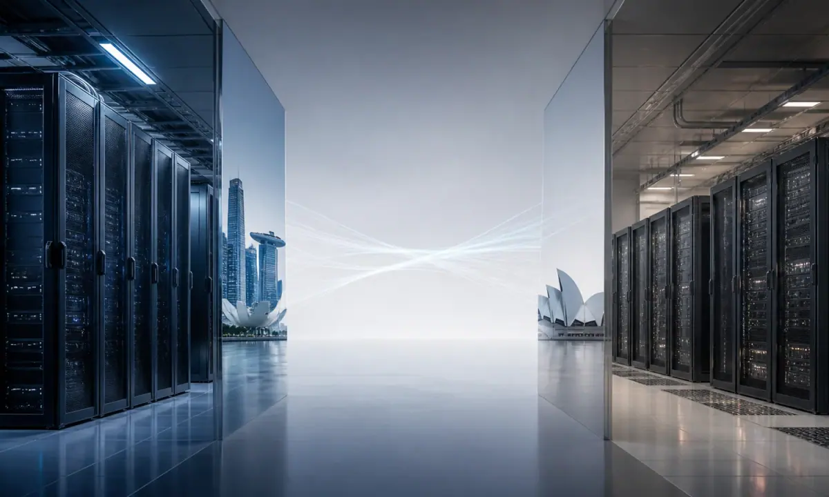 Editorial illustration of AI server cabinets prepared for cross-border shipment