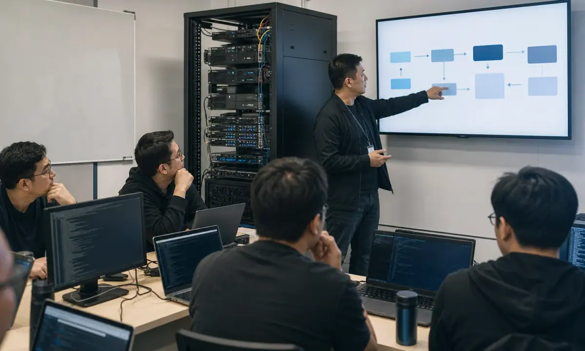 Illustrative cloud engineers reviewing a disaster-recovery workflow beside a server rack in a partner training lab.