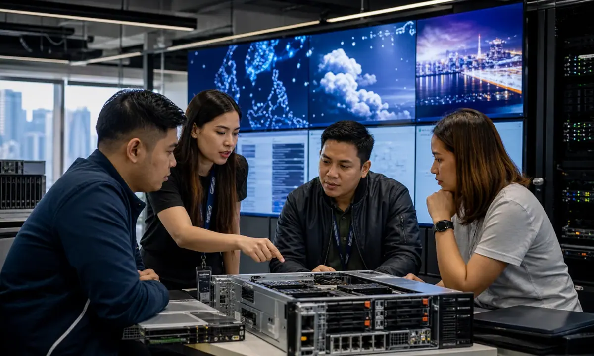Filipino enterprise technology specialists examine server and hybrid-cloud infrastructure in a Manila partner lab.