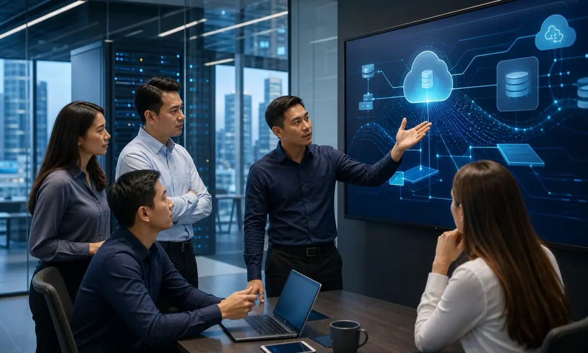 Asia-Pacific technology channel professionals reviewing an AI and hybrid-cloud architecture in Singapore.