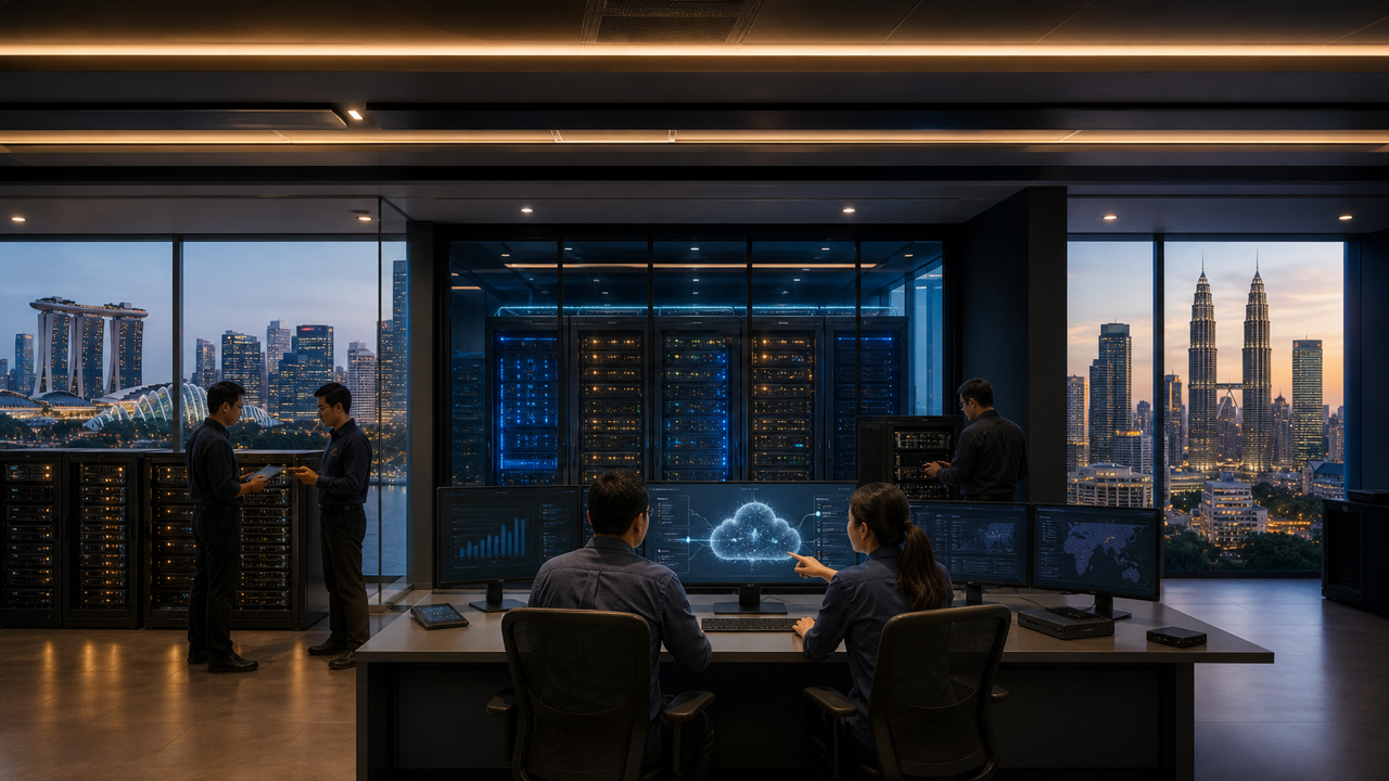 Cloud storage infrastructure connecting Singapore and Malaysia partners.