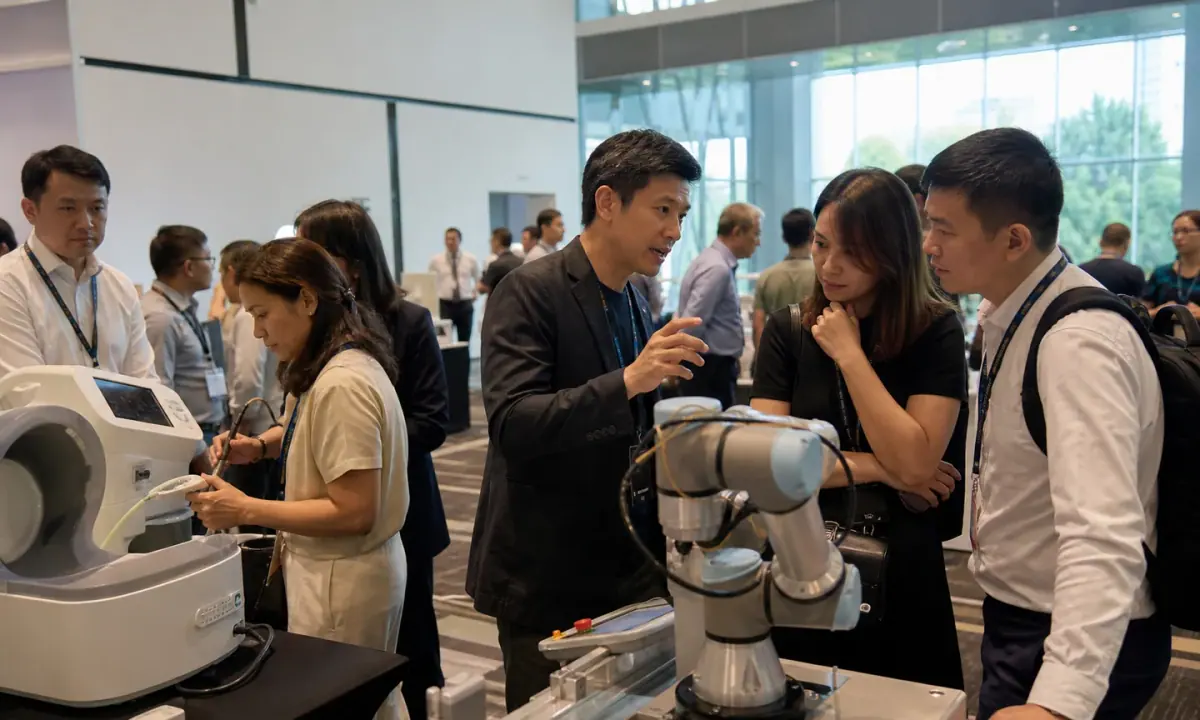 Illustrative enterprise technology showcase with operators examining an industrial robot and a medical prototype.
