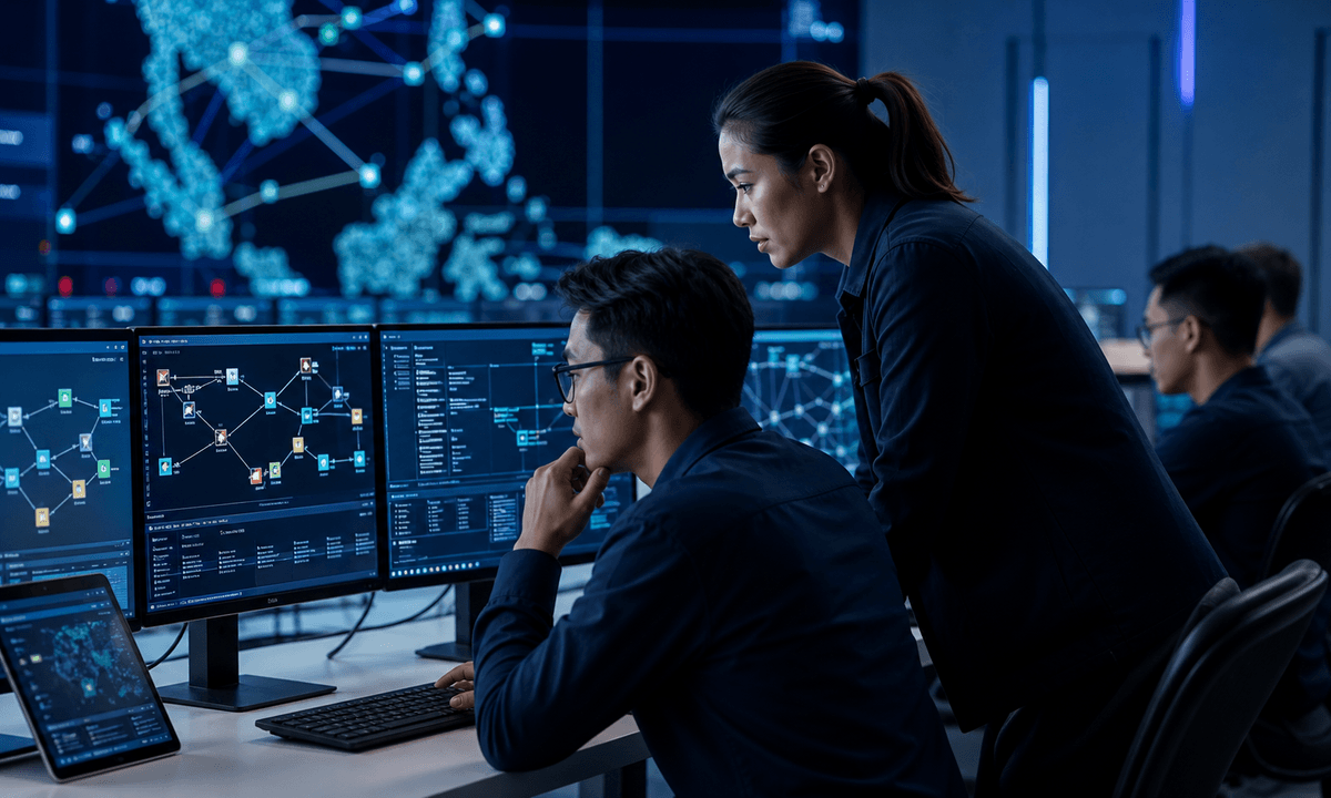 Cybersecurity analysts inspect connected AI-agent components in a regional security operations centre.