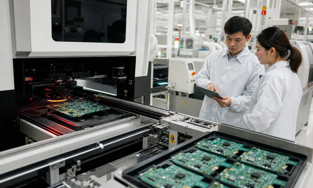 Editorial illustration of a Thai electronics manufacturing line producing printed circuit boards for advanced industrial systems.