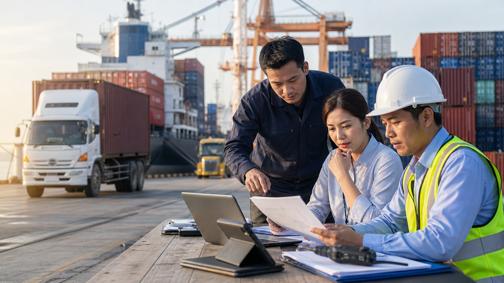 Thai manufacturing and logistics teams checking supply-chain traceability at an export port