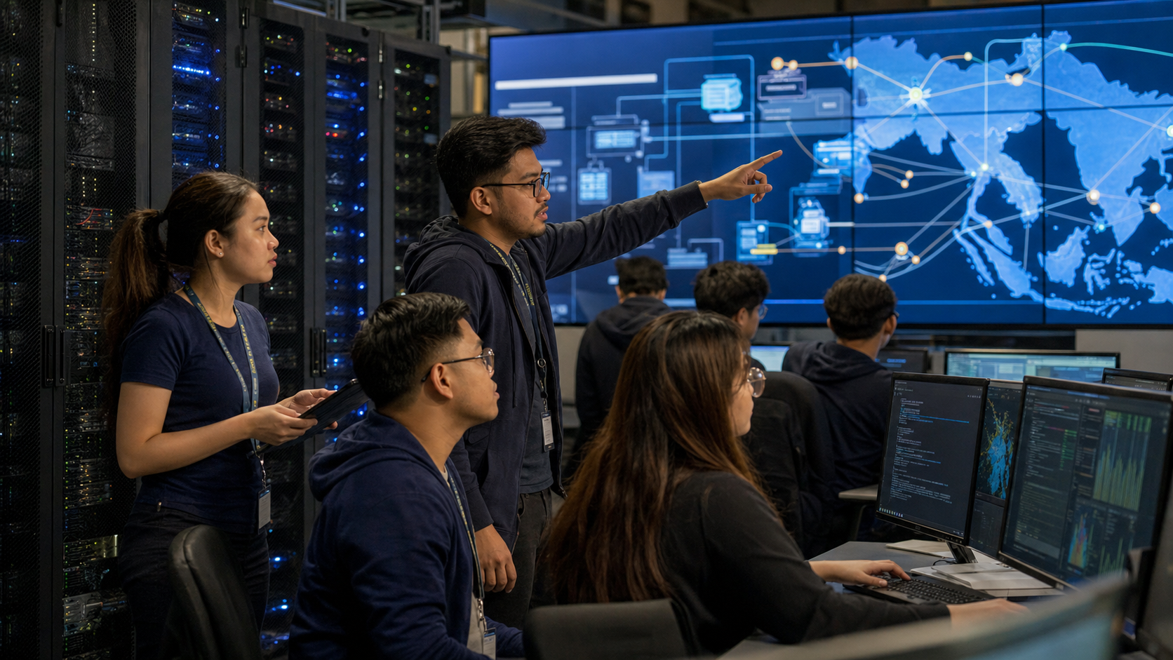Southeast Asian AI operations specialists reviewing a regional production system in a technical control room.