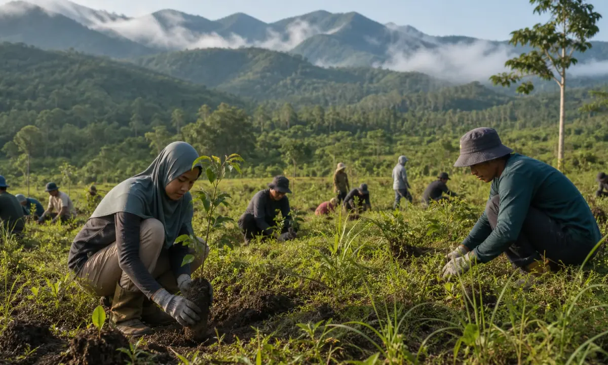 Layered agroforestry restoration in Sulawesi.