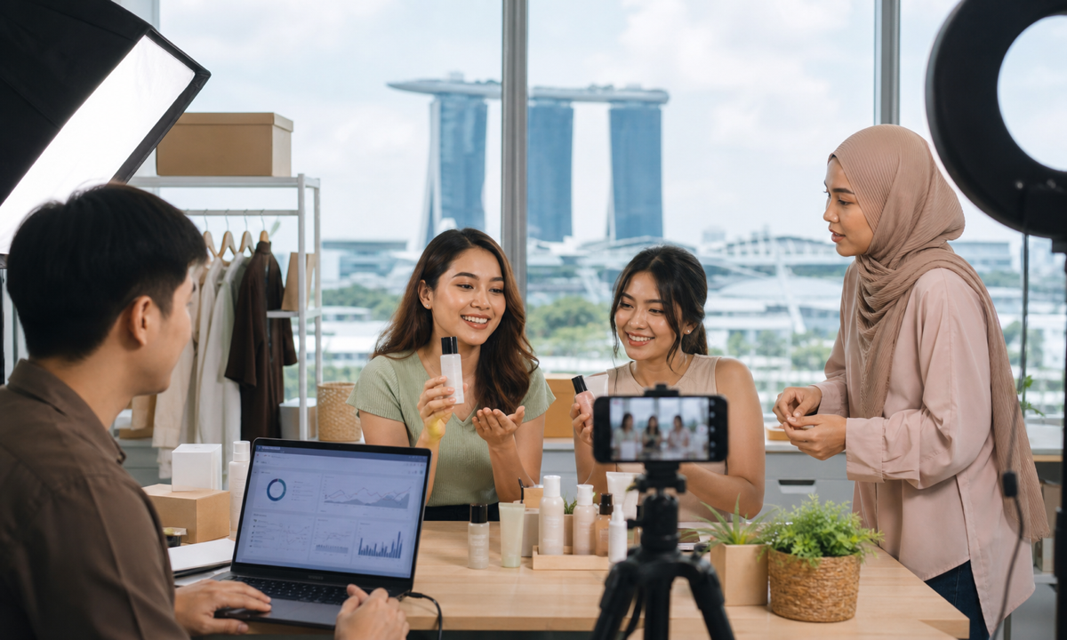A Singapore small-business team prepares a livestream commerce session in a studio.