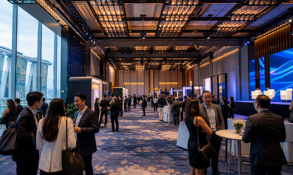 Delegates network in a large Singapore technology conference hall.