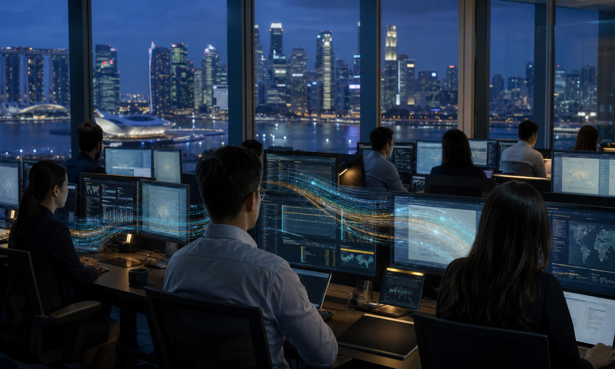 Fund-management operations teams monitor a cross-border portfolio transition in Singapore’s financial district.