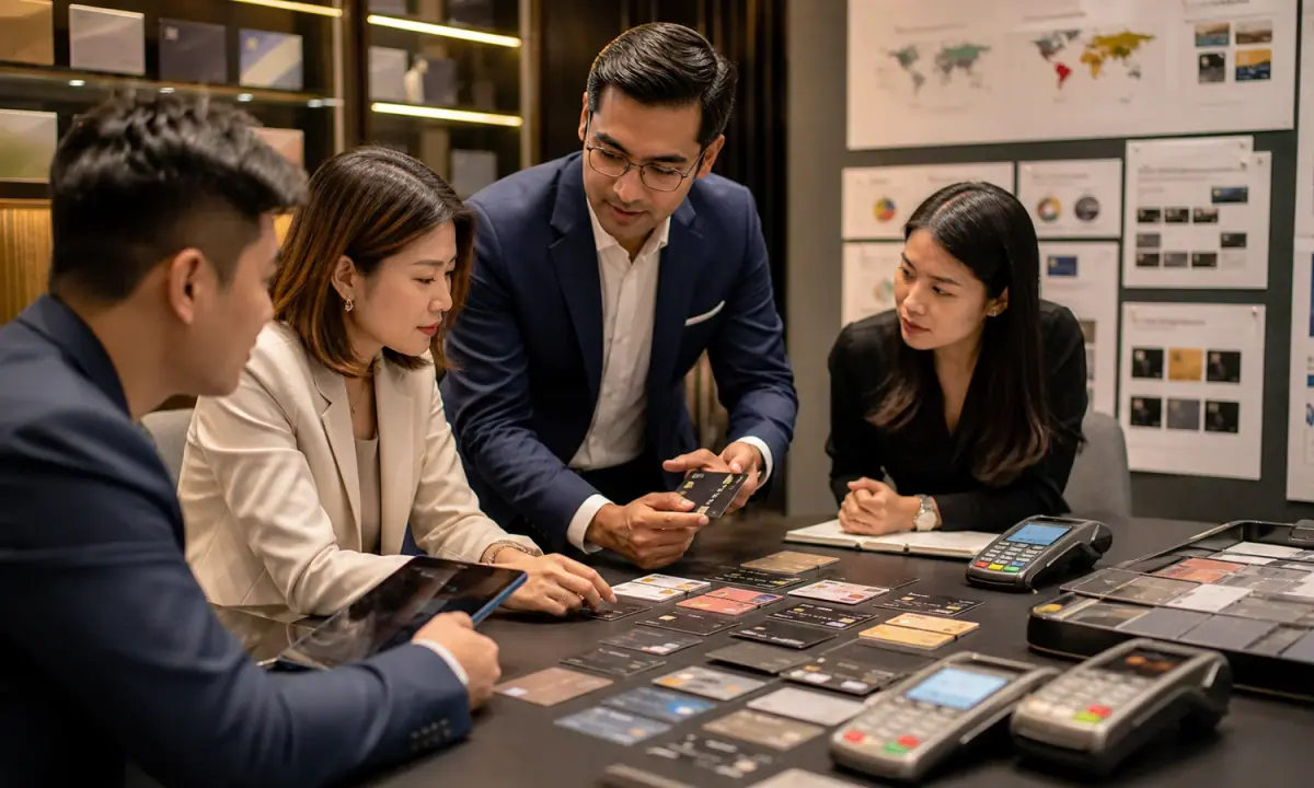 Payments product team reviews premium card samples and payment-terminal devices in a banking product room.