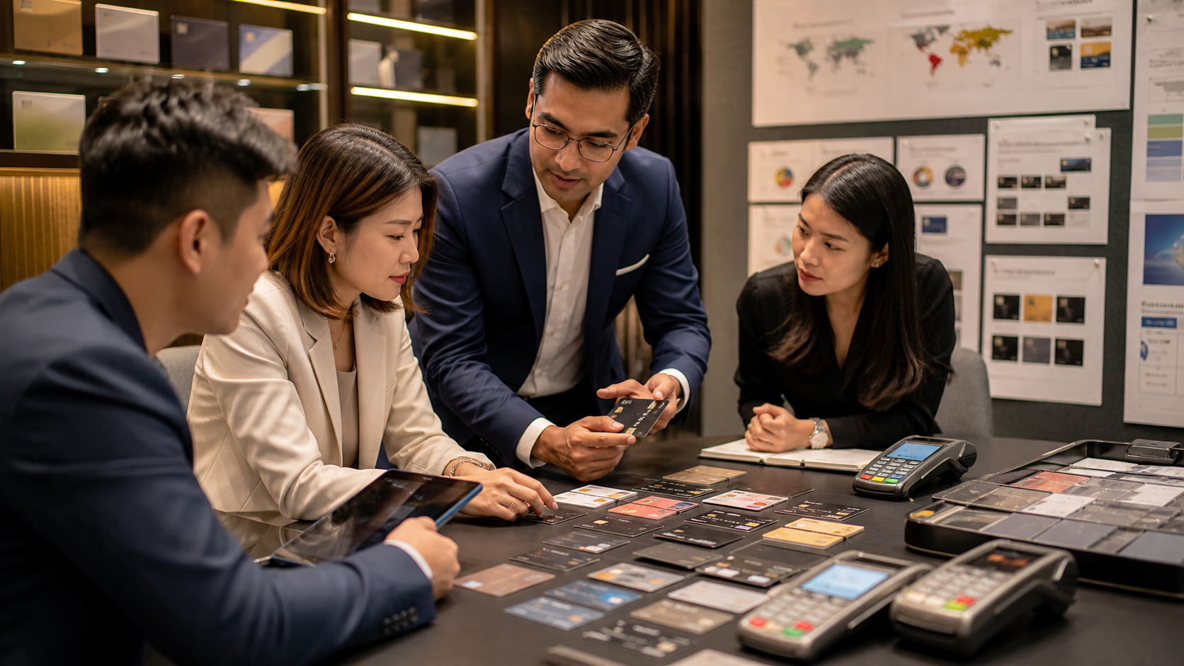 Payments product team reviews premium card samples and payment-terminal devices in a banking product room.