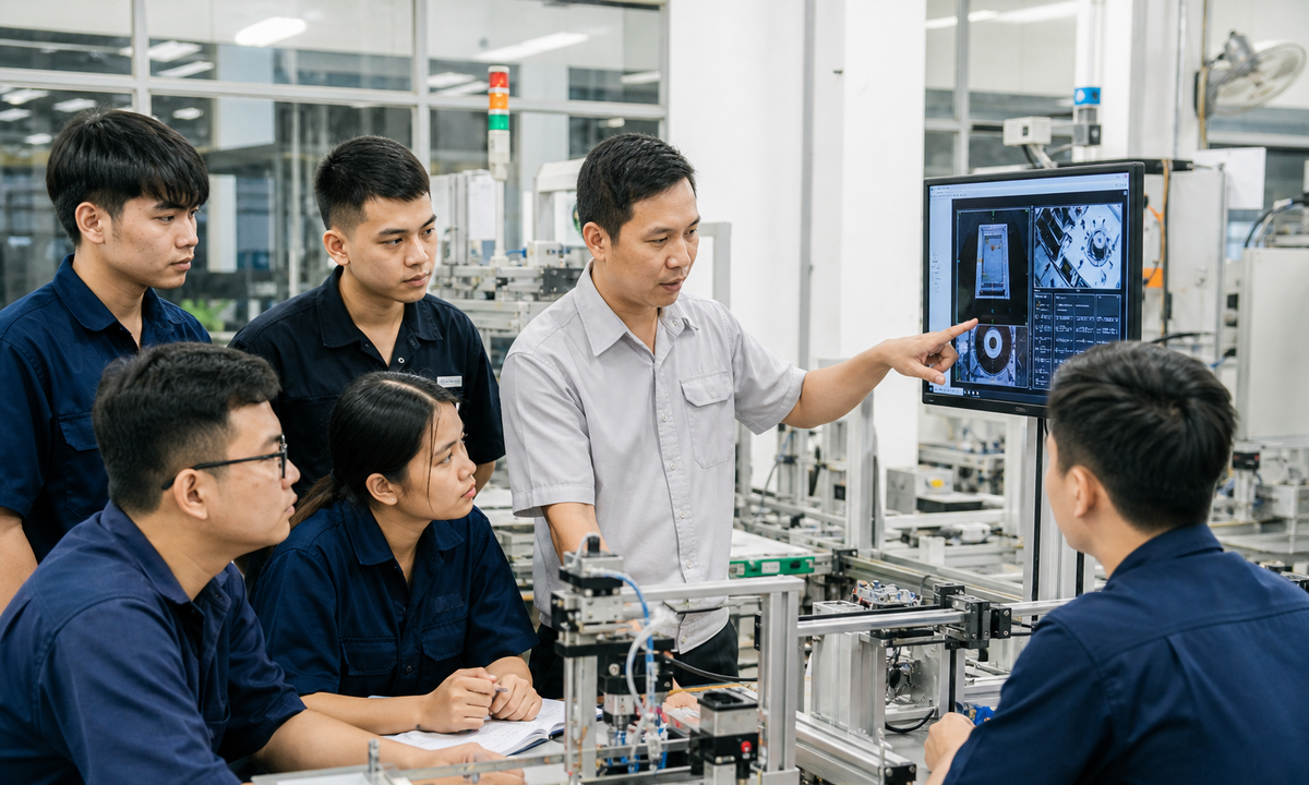 Vietnamese adult workers learning to use an AI-assisted industrial system in a vocational technology lab
