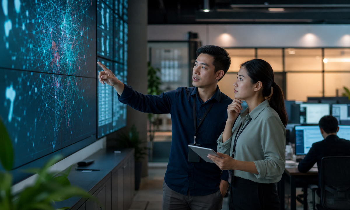 Technology professionals review an AI system in a human-oversight operations room.
