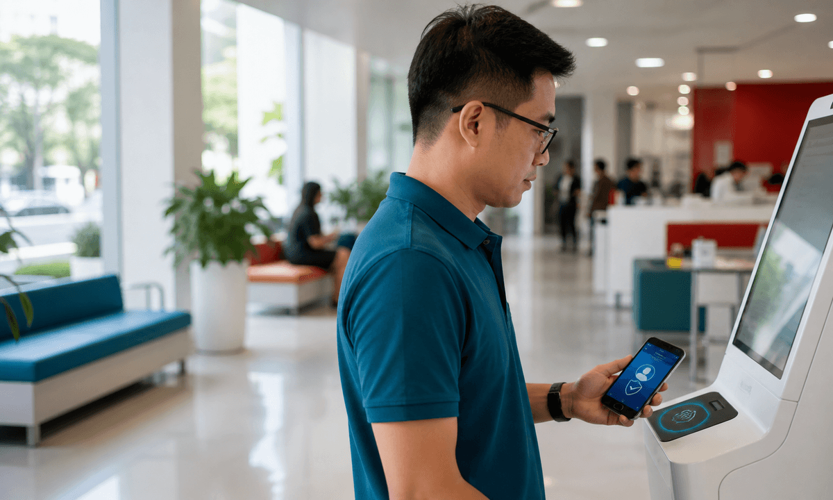 A Vietnamese resident uses a smartphone at a modern public-service identity kiosk.