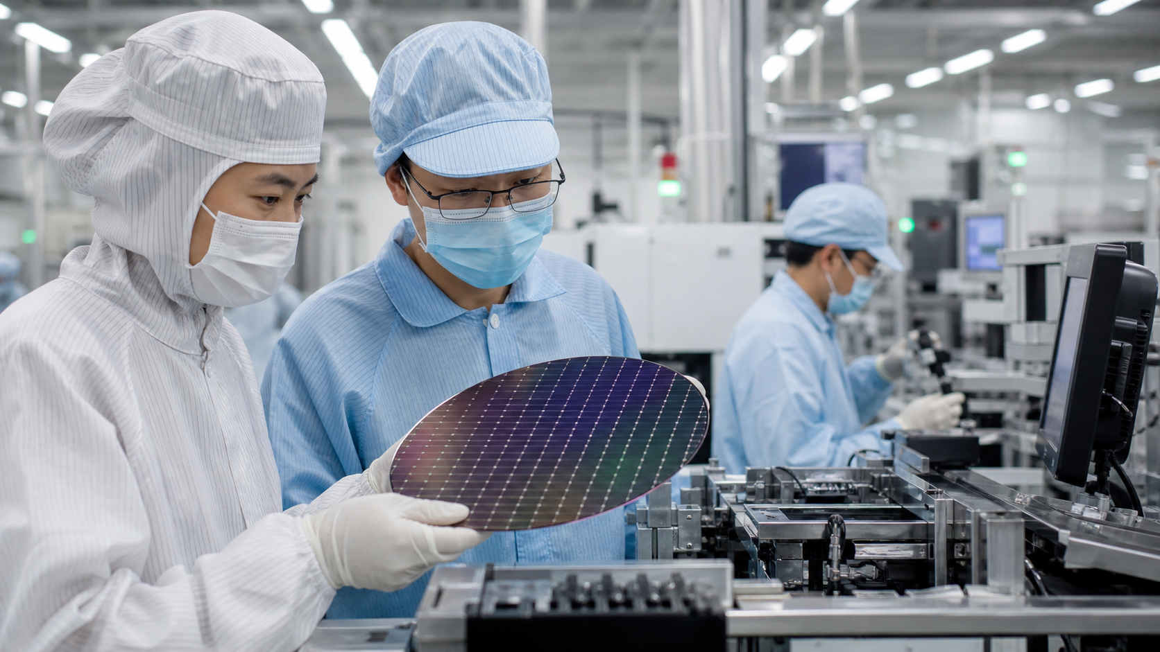 Southeast Asian semiconductor engineers inspect a silicon wafer on an advanced electronics production line