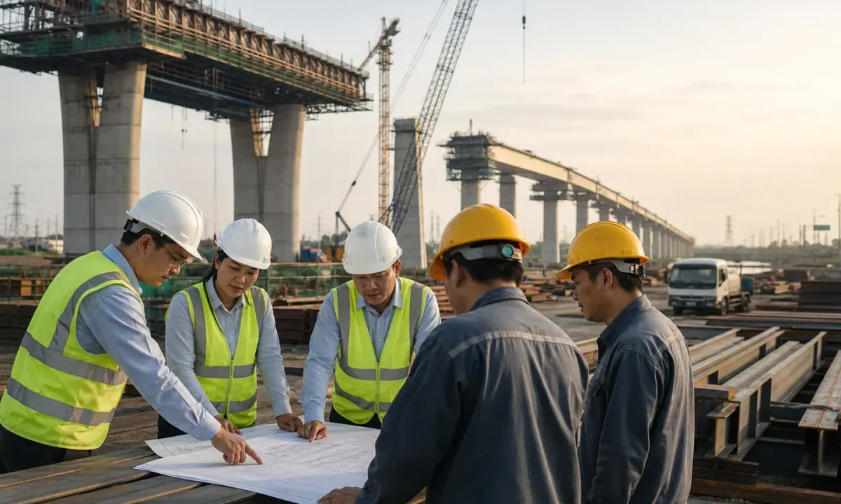Vietnamese infrastructure engineers reviewing bridge construction and steel deliveries at an active worksite