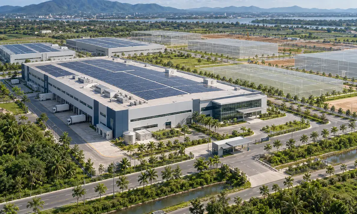 Conceptual future electronics manufacturing campus in Vietnam with rooftop solar panels.