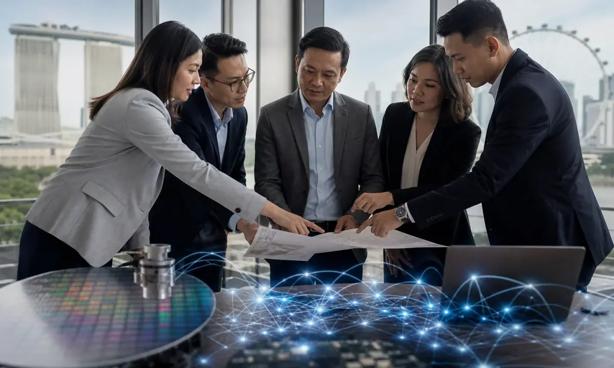 Vietnamese and Singaporean technology leaders review a shared innovation roadmap with semiconductor and digital-network tools in Singapore.