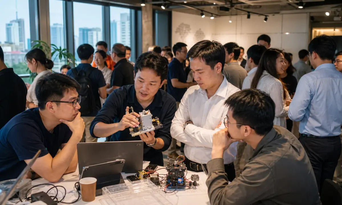 Vietnamese founders demonstrate a hardware prototype during an active startup community gathering in Ho Chi Minh City.