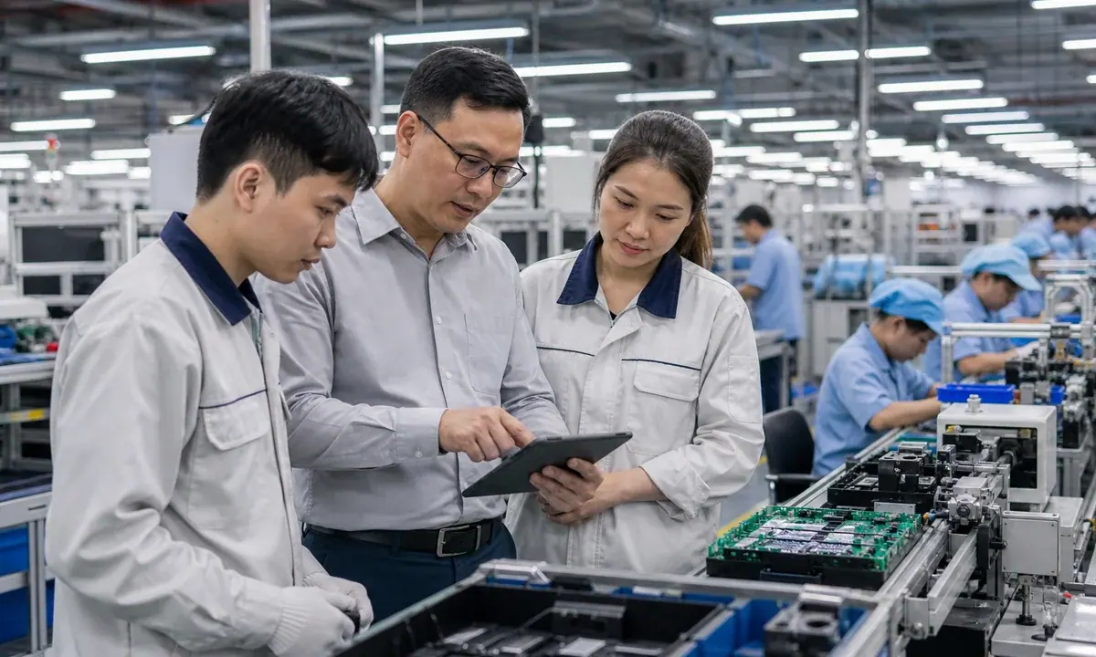 An illustrative Vietnamese factory team reviewing production performance beside an electronics assembly line.