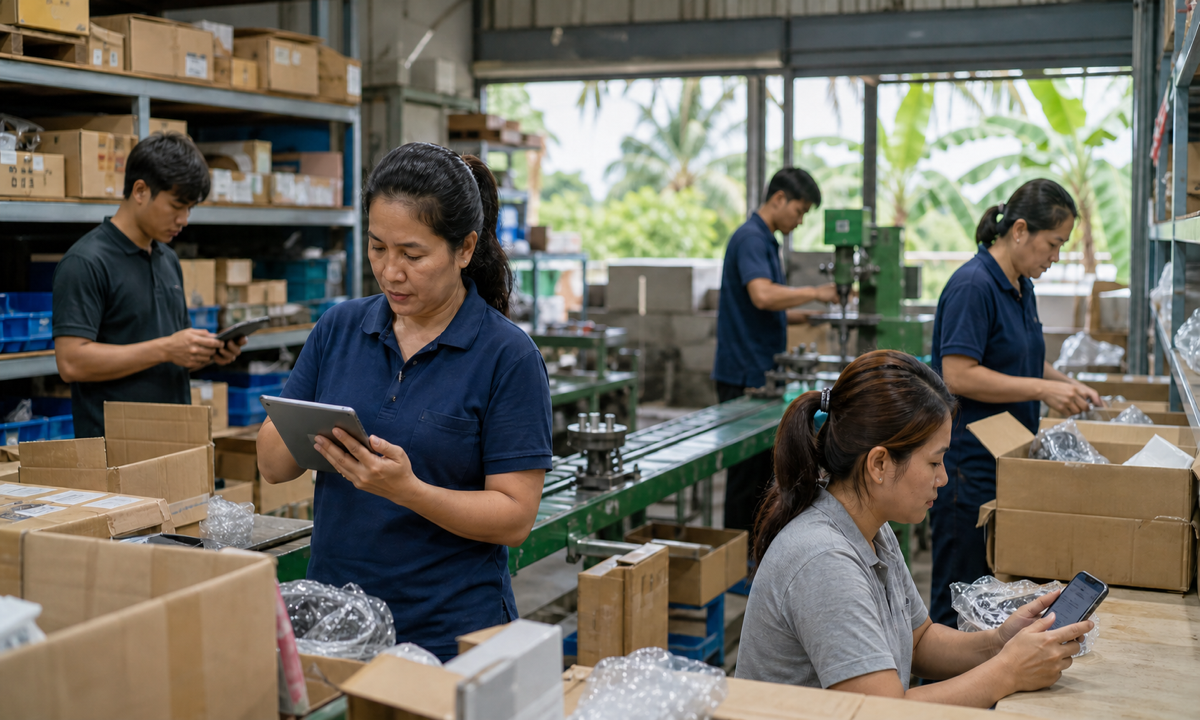 Small-business workers use tablets and smartphones beside a production line in Thailand.