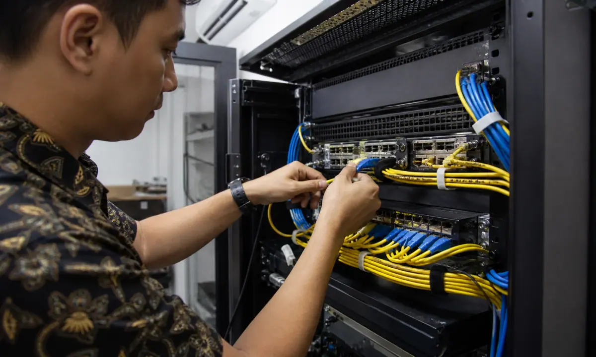 AI-generated illustration of a technician maintaining network equipment