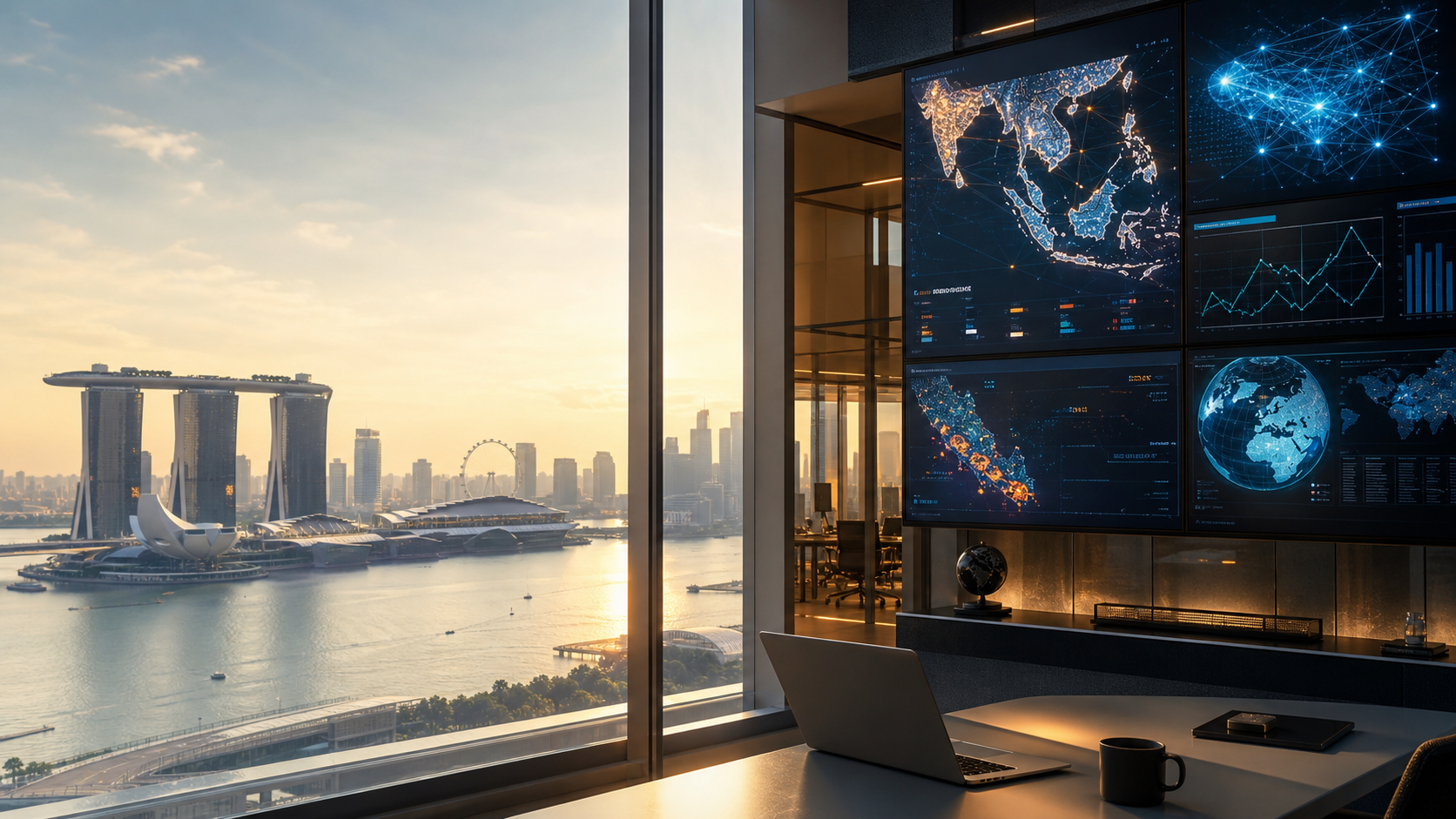 Southeast Asian city skyline and market intelligence screens.